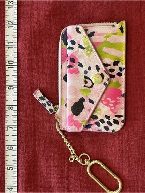 Pink Floral Card Wallet Keychain with Gold Hardware